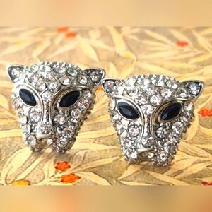 Cat Leopard Panther  Animal Rhinestone Encrusted Pierce Earrings With Black Eyes
